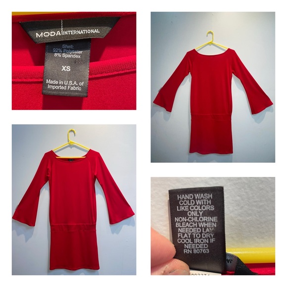 Vintage Moda International XS Red Drop Waist Shift Dress Long Flare Sleeves - Picture 2 of 5